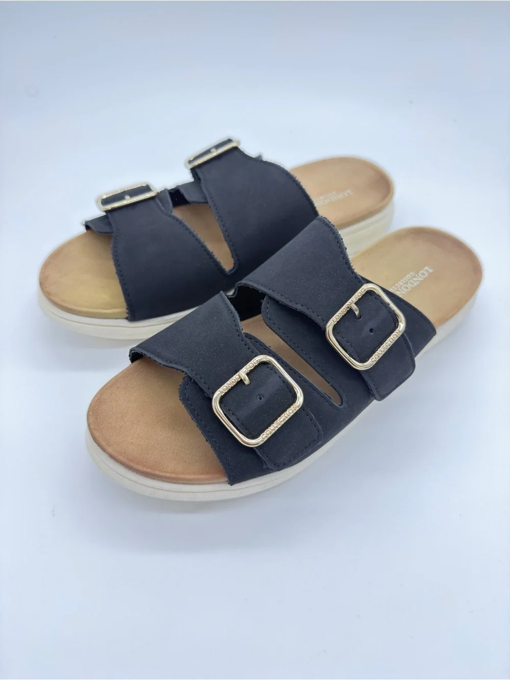 London Fog Black Double Buckle Platform Slide Sandals